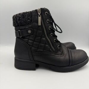 STQ Womens Black Quilted Faux Leather Knit Cuff Combat Boots Size 7